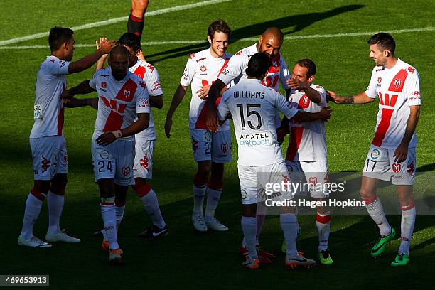 David Williams of the Heart is congratulated on his goal during the round 19 A-League match between Wellington Phoenix and Melbourne Heart at Westpac...