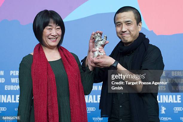 Ma Yingli and Lou Ye attend the award winners press conference during 64th Berlinale International Film Festival at Berlinale Palast on February 15,...
