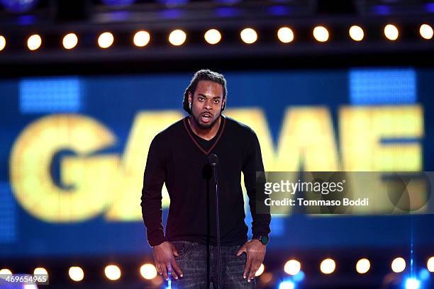 Player Richard Sherman of the Seattle Seahawks speaks onstage during the 4th Annual Cartoon Network Hall Of Game Awards held at the Barker Hangar on...