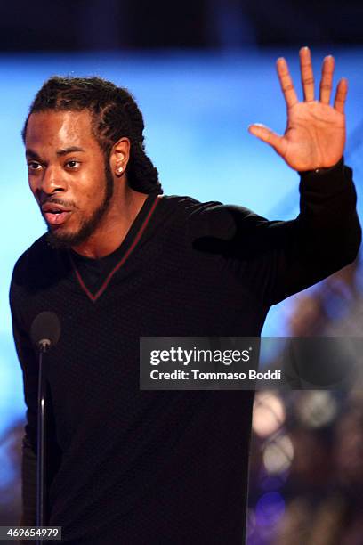 Player Richard Sherman of the Seattle Seahawks speaks onstage during the 4th Annual Cartoon Network Hall Of Game Awards held at the Barker Hangar on...