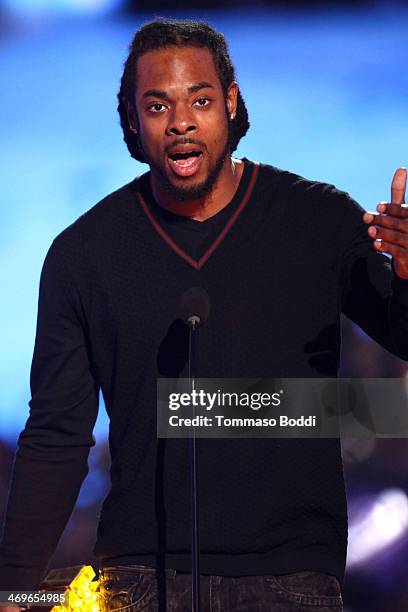 Player Richard Sherman of the Seattle Seahawks speaks onstage during the 4th Annual Cartoon Network Hall Of Game Awards held at the Barker Hangar on...