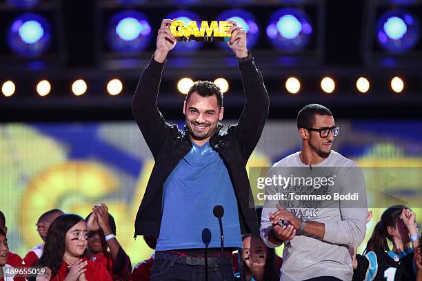 Player Joseph Fauria of the Detroit Lions accepts the Dance Machine award onstage during the 4th Annual Cartoon Network Hall Of Game Awards held at...