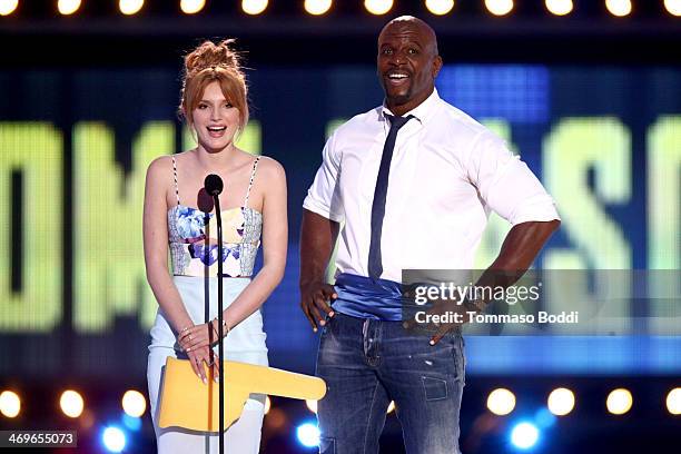Actors Bella Thorne and Terry Crews speak onstage during the 4th Annual Cartoon Network Hall Of Game Awards held at the Barker Hangar on February 15,...