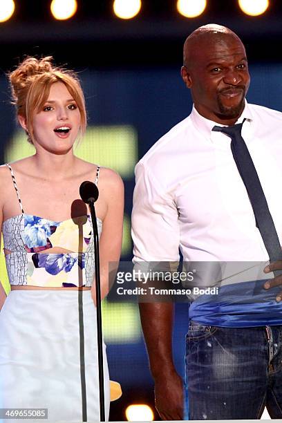 Actors Bella Thorne and Terry Crews speak onstage during the 4th Annual Cartoon Network Hall Of Game Awards held at the Barker Hangar on February 15,...