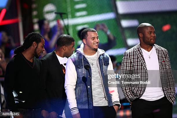 Players Richard Sherman, Bobby Wagner, Jermaine Kearse, and Michael Robinson of the Seattle Seahawks speak onstage during the 4th Annual Cartoon...