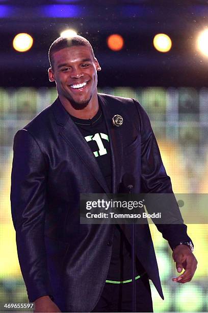 Co-host Cam Newton onstage during the 4th Annual Cartoon Network Hall Of Game Awards held at the Barker Hangar on February 15, 2014 in Santa Monica,...