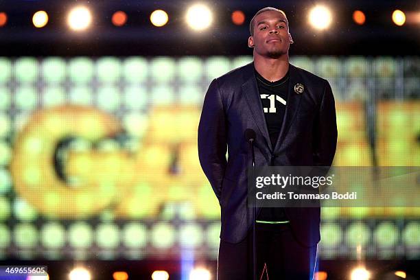 Co-host Cam Newton onstage during the 4th Annual Cartoon Network Hall Of Game Awards held at the Barker Hangar on February 15, 2014 in Santa Monica,...