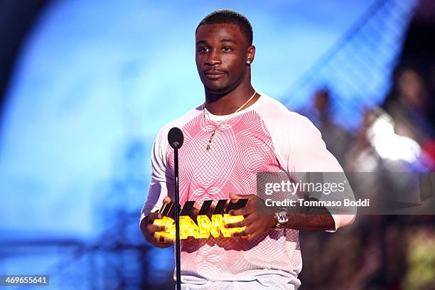 Football player Chris Davis accepts the Whoa-ment award onstage during the 4th Annual Cartoon Network Hall Of Game Awards held at the Barker Hangar...