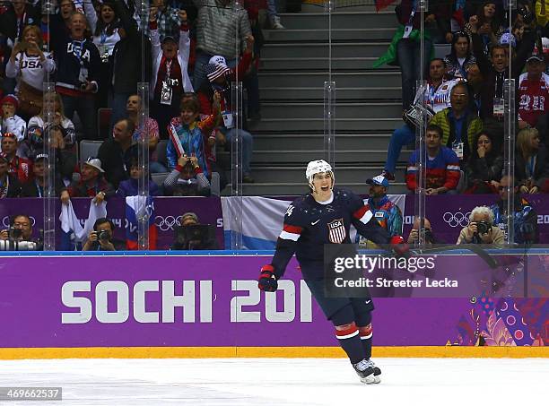 Oshie of the United States celebrates after scoring on a shootout against Sergei Bobrovski of Russia to win the Men's Ice Hockey Preliminary Round...