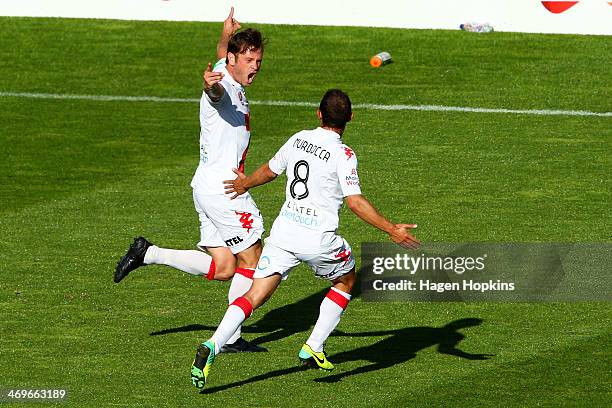 Rob Wielaert of the Heart celebrates his goal with teammate Massimo Murdocca during the round 19 A-League match between Wellington Phoenix and...