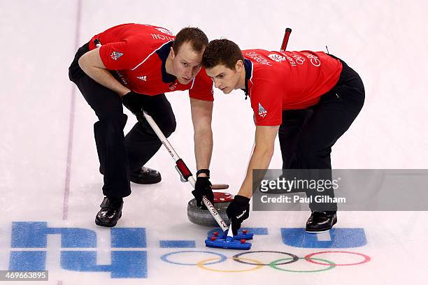 Michael Goodfellow and Scott Andrews of Great Britain in action during the Curling Men's Round Robin match between Great Britain and Norway on day 9...