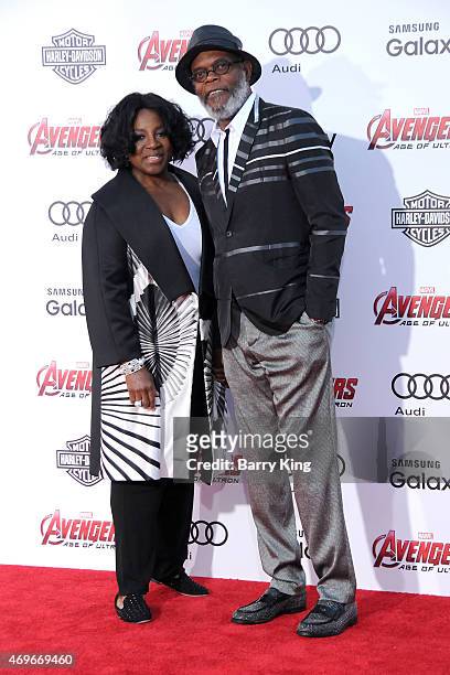 Actor Samuel L. Jackson and LaTanya Richardson arrive at the Premiere Of Marvel's 'Avengers: Age Of Ultron' at the Dolby Theatre on April 13, 2015 in...