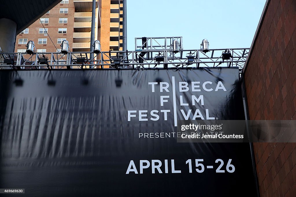 The Marquee Banner Is Installed in Preparation Of The 2015 Tribeca Film Festival