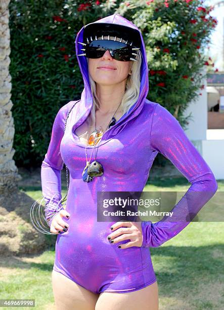 Music fan wearing a reflective bodysuit from an Etsy boutique attends the 2015 Coachella Valley Music and Arts Festival - Weekend 1 at The Empire...