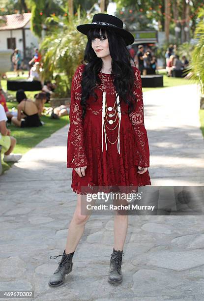 Music fan Rachel wearing a Free People dress, Love and Leather accesory necklace, and hat by Baileys during the Coachella Valley Music and Arts...