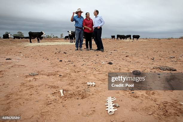 Prime Minister Tony Abbott meets graziers Phillip and Di Ridge of "Jandra" as part of a drought tour with Agriculture minister Barnaby Joyce on...