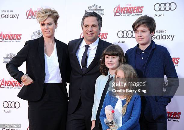 Sunrise Coigney, Actor Mark Ruffalo, Keen Ruffalo, Bella Noche and Odette Ruffalo arrive at the Premiere Of Marvel's 'Avengers: Age Of Ultron' at the...