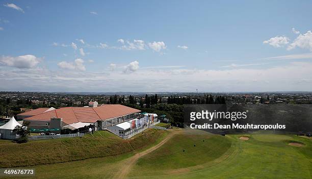 General view of the clubhouse and 18th green during the Final Round of the Africa Open at East London Golf Club on February 16, 2014 in East London,...