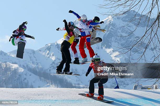 Eva Samkova of the Czech Republic leads the group during the Ladies' Snowboard Cross Final on day nine of the Sochi 2014 Winter Olympics at Rosa...