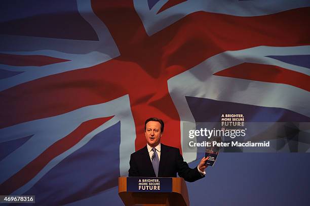 Prime Minister David Cameron unveils the Conservative party manifesto on April 14, 2015 in Swindon, England. The Conservatives have launched their...