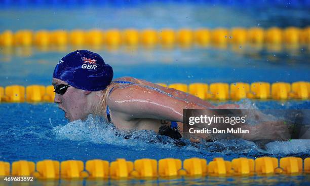 Jemma Lowe of Bath University competes in the Womens 200m Open Butterfly Heats at Aquatics Centre on April 14, 2015 in London, England.