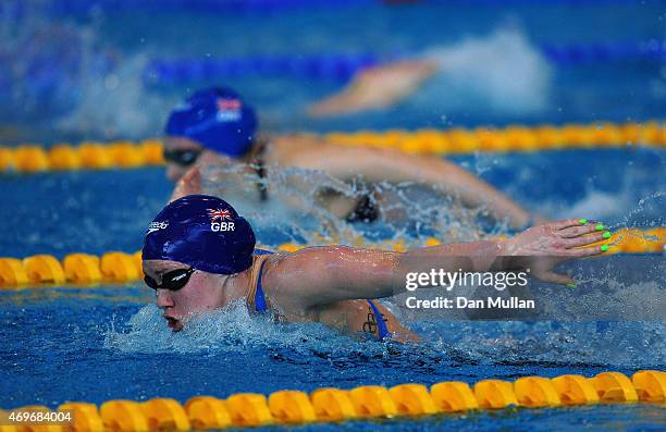 Jemma Lowe of Bath University competes in the Womens 200m Open Butterfly Heats at Aquatics Centre on April 14, 2015 in London, England.