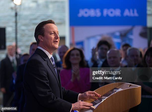 Prime Minister David Cameron unveils the Conservative party manifesto on April 14, 2015 in Swindon, England. The Conservatives have launched their...