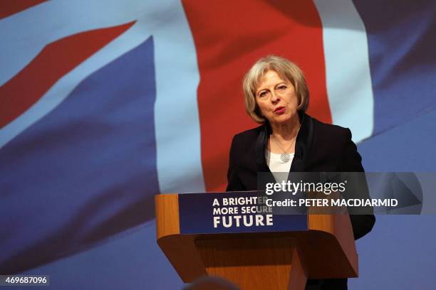 Conservative party candidate for Maidenhead and Home Secretary, Theresa May, speaks during the launch of the Conservative Party general election...