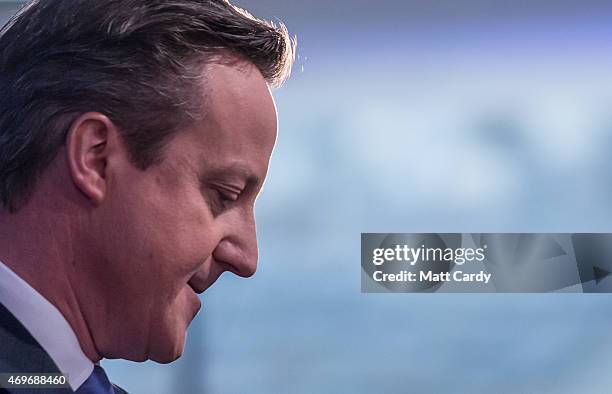 Prime Minister David Cameron unveils the Conservative party manifesto on April 14, 2015 in Swindon, England. The Conservatives have launched their...