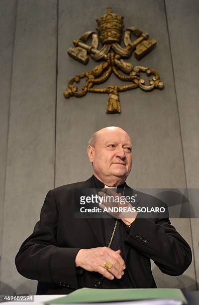 Italian cardinal Gianfranco Ravasi attends a press conference for the presentation of the Holy See pavilion "Non di solo pane" at the EXPO 2015 in...