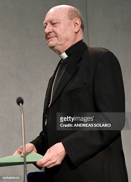 Italian cardinal Gianfranco Ravasi arrives for a press conference for the presentation of the Holy See pavilion "Non di solo pane" at the EXPO 2015...