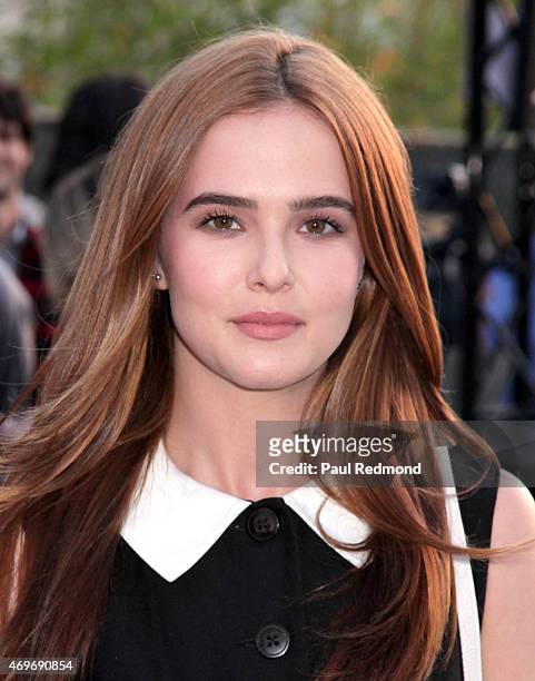 Actress Zoey Deutch attends the Wolk Morias debut Resort/Pre-Fall Collection fashion show at Michael Kohn Gallery on April 13, 2015 in Los Angeles,...