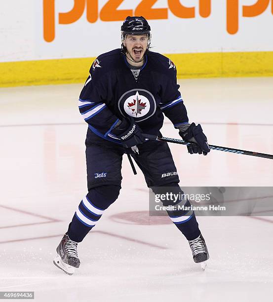 Keaton Ellerby of the Winnipeg Jets skates down the ice during third period action in an NHL game against the Calgary Flames at the MTS Centre on...