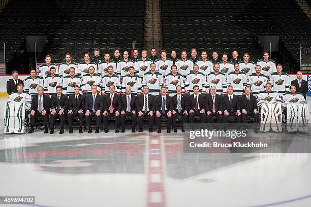 Minnesota Wild team photo: Front row: Darcy Kuemper, Goaltending Coach Bob Mason, Assistant Coach Andrew Brunette, Assistant Coach Darby Hendrickson,...