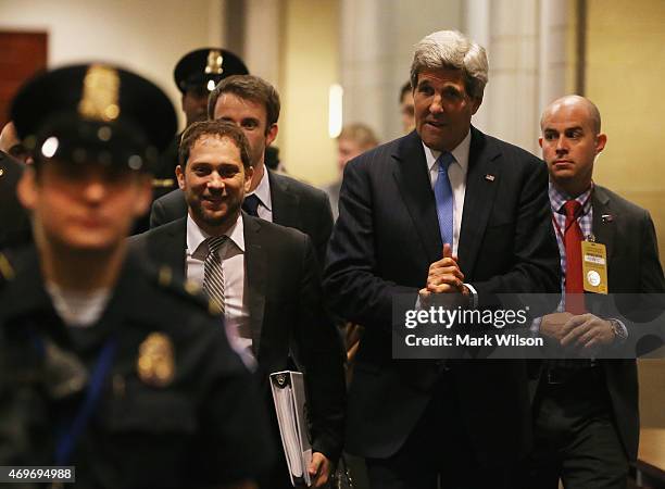 Secretary of State John Kerry walks through the halls of Congress between meetings with lawmakers on Capitol Hill, April 14, 2015 in Washington, DC....