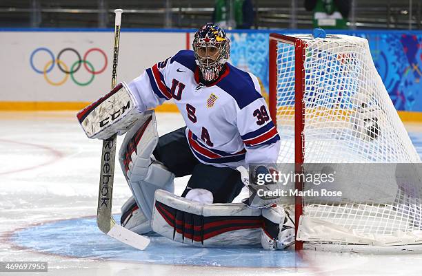 Ryan Miller of the United States tends the net in the second period against Slovenia during the Men's Ice Hockey Preliminary Round Group A game on...