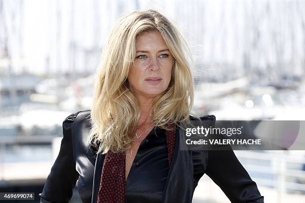 New Zealand's actress Rachel Hunter poses for a photocall for the serie "Rachel's tour of beauty" during the MIPTV , on April 14, 2015 in Cannes, on...