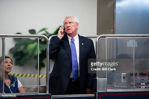 Sen. Roger Wicker, R-Miss., arrives in the Capitol on the Senate subway on Tuesday, April 14, 2015.