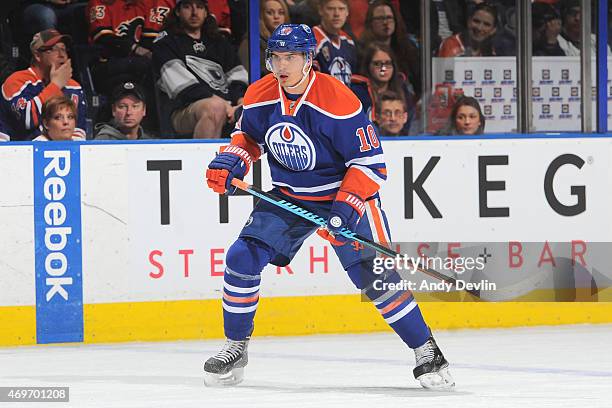 Nail Yakupov of the Edmonton Oilers skates on the ice during the game against the Calgary Flames on April 4, 2015 at Rexall Place in Edmonton,...