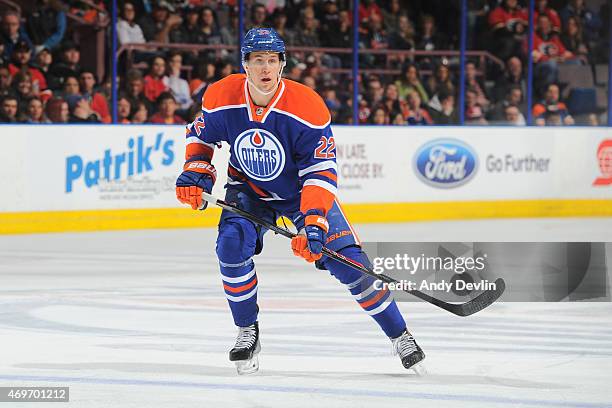 Keith Aulie of the Edmonton Oilers skates on the ice during the game against the Calgary Flames on April 4, 2015 at Rexall Place in Edmonton,...