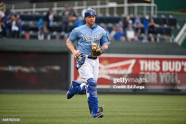 Erik Kratz of the Kansas City Royals runs to the dugout form the bullpen during a game against the Chicago White Sox on April 9, 2015 at Kauffman...