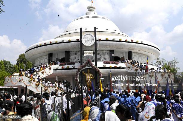 Thousands of followers of Dr BR Ambedkar gathered to celebrate his 124th birth anniversary at the birth place on April 14, 2015 in Mhow, India....