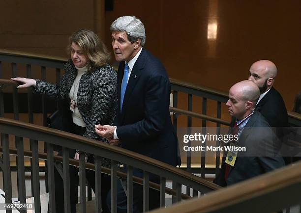 Secretary of State John Kerry leaves a meeting with members of the Senate on Capitol Hill, April 14, 2015 in Washington, DC. Secretary Kerry visited...