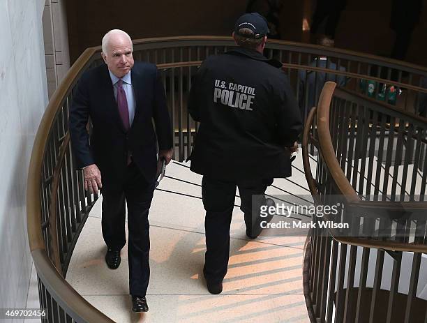 Sen. John McCain leaves a meeting with Secretary of State John Kerry on Capitol Hill, April 14, 2015 in Washington, DC. Secretary Kerry visited with...