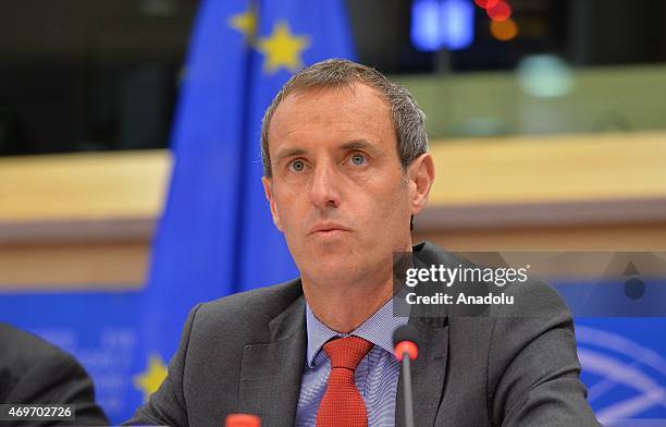 Europol director Rob Wainwright gives a press conference on April 14, 2015 at European Parliament in Brussels.