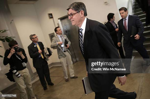 Secretary of Treasury Jack Lew arrives for a meeting with members of the U.S Senate on the proposed deal with Iran at the U.S. Capitol, April 14,...