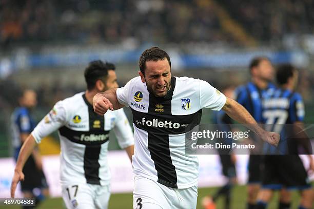 Cristian Molinaro of Parma FC celebrates after scoring the opening goal during the Serie A match between Atalanta BC and Parma FC at Stadio Atleti...