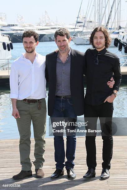 Alexander Vlahos, Jalil Lespert and George Blagden attend the 'Versailles' photocall as part of MIPTV 2015 on April 14, 2015 in Cannes, France.