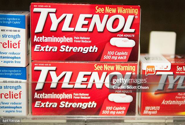 Tylenol, which contains acetaminophen, is offered for sale at a drug store on April 14, 2015 in Chicago, Illinois. New research has shown that...