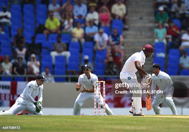 English wicketkeeper Jos Buttler takes the wicket of Devon Smith for 11 runs off the bowling of James Anderson on day two of the first test match...